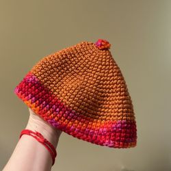 Hand made knit beanie hat | Orange, Pink, Red colors | Adult Size