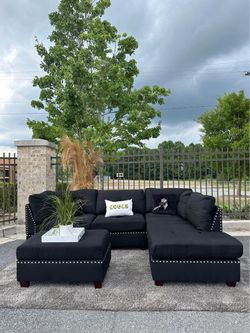🔥Brand New Grey & Dark Grey L-Shape Sectional Sofa/Couch with Chaise | Cup Holders & Nailhead Trim • Opt Storage Ottoman | Pay After Delivery 🚚