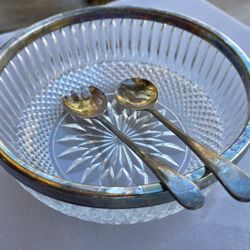 Silverplated Rim Salad Bowl w/spoon and fork. made in italy