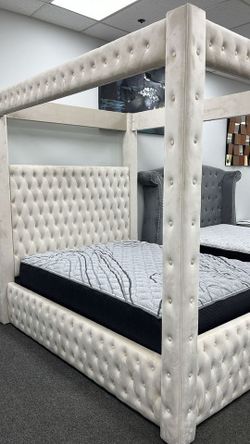  Soft Velvet upholstery Canopy Queen Bed/Bedroom Set w/USB ports at sides on Sale