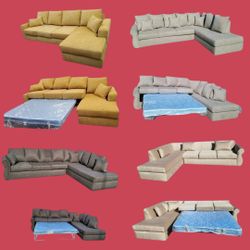 BRAND NEW 9X5.5FT And 7X9FT SECTIONAL CHAISE, SOFA WITH SLEEPER, Annapolis Light Grey, Velvet Cream FABRIC. CUSTOM MADE AVAILABLE