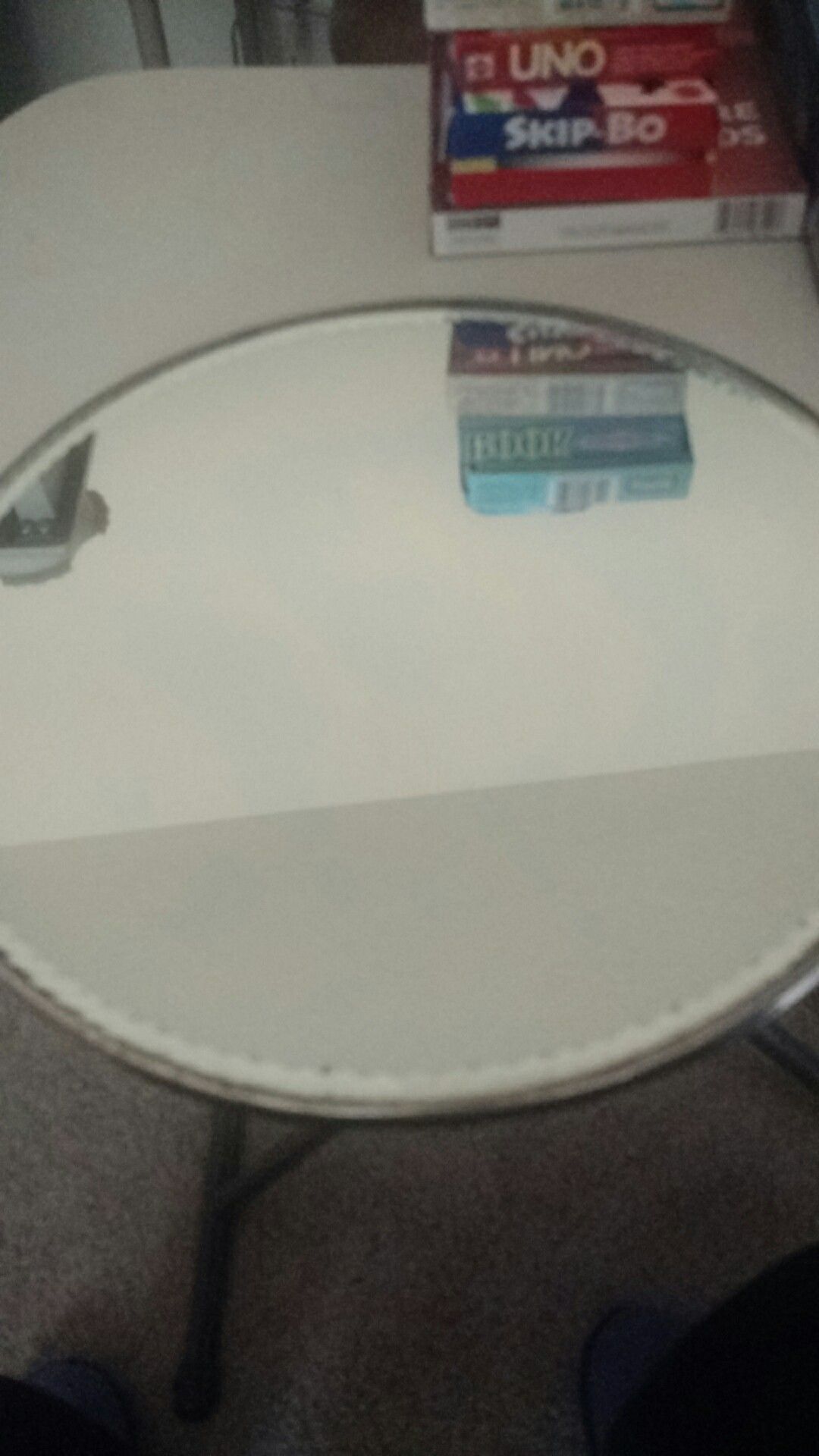 Vintage mirror, believe lead glass, heavy...can be hung . Tin back. . Family item.