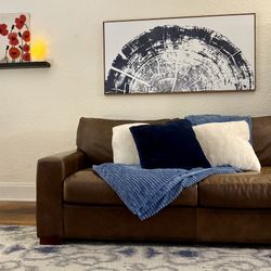 Two Oversized Brown Leather Couches + Matching Ottoman – Deep Seats, Good Condition!
