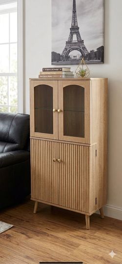 24" width Mid Century Modern Pantry Storage Cabinet with Glass Doors