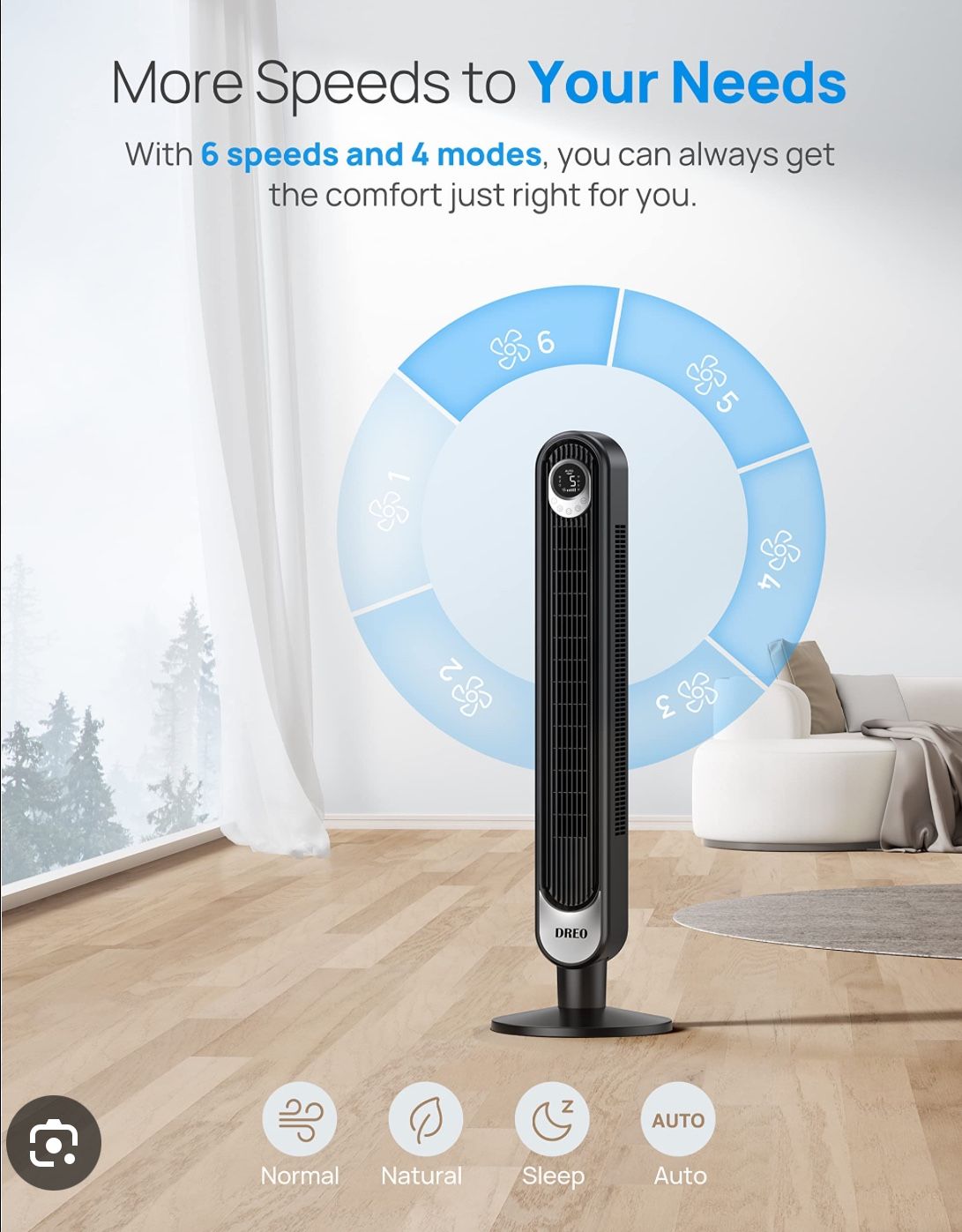 Dreo Cruiser Pro T1 42-Inch Tower Fan, Quiet Oscillating Bladeless Fan with Remote Control, 6 Speeds, 4 Modes, LED Display,
