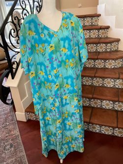 Blue and yellow floral polyester dress with tie-dye effect. With matching cape top . size 32W