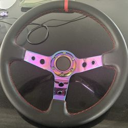 Neo Chrome Drifting Red Stitching 350mm Deep Dish Steering Wheel RX7 MIATA MX5