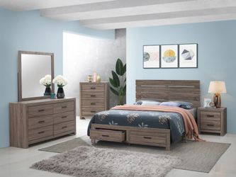 4PC STORAGE EASTERN KING BEDROOM SET: KING STORAGE BED FRAME, DRESSER, MIRROR, NIGHTSTAND-BARREL OAK