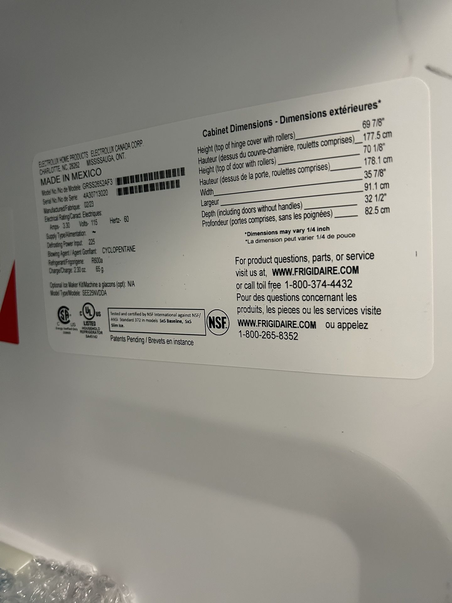 New New GRSS2652AF Frigidaire Gallery 25.6 Cu. Ft. 36" Standard Depth