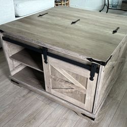 NEW Rustic Farmhouse Style Coffee Table W/ Storage & Sliding Barn Doors W/ Display Shelves