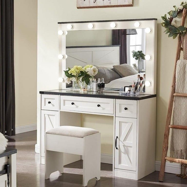 Farmhouse Modern Vanity Table with Mirror LED Lights Makeup Table Dressing Desk with 3 Drawers and Stool for Women Girls White