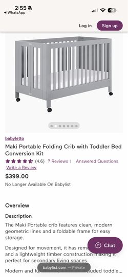 Babyletto Maki Portable Folding Crib with toddler bed conversion kit + mattress