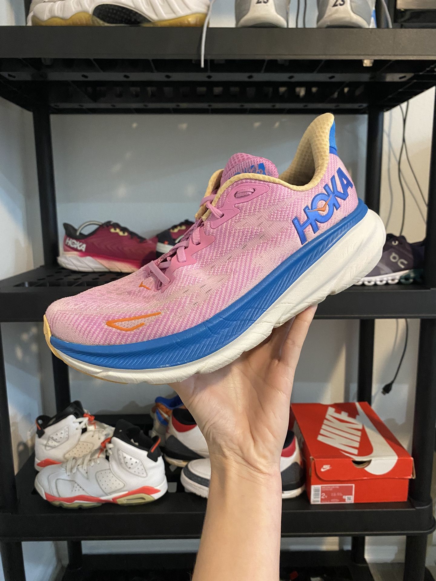 Hoka One One Clifton9 Pink/blue Cushioned Size 9.5B Womens