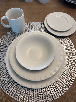 White Ceramic Dinnerware Set with Beaded Rim