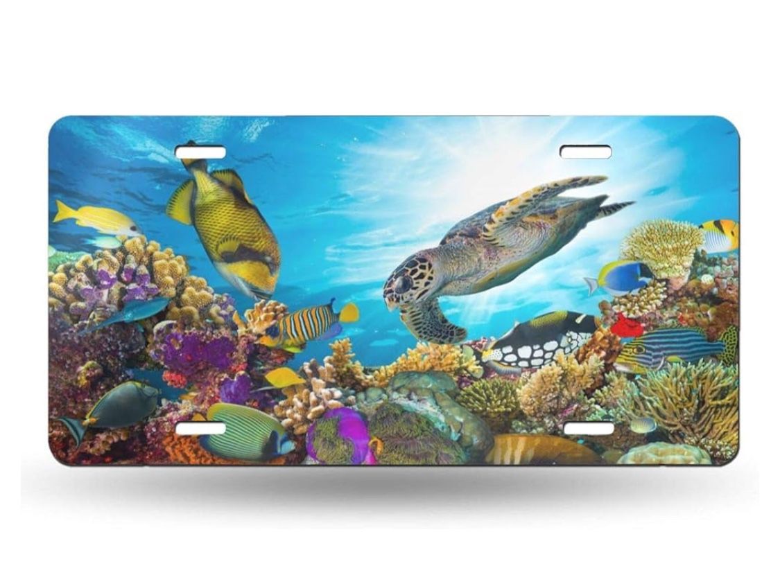 Sea Turtle with Marine Life Coral Reef OCEAN Bright Colors Metal License Plate