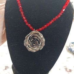 STERLING SILVER ROSE NECKLACE ON RED BEADS