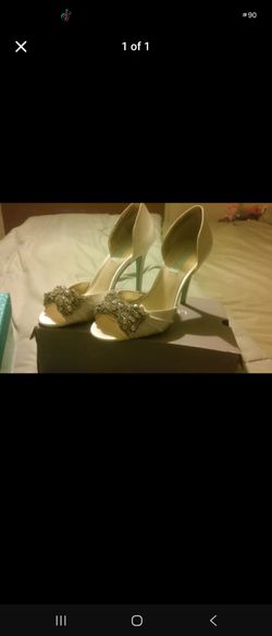 Cream-colored 4-inch blingy heels