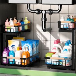 Under Sink Organizer 2 Pack, Double Slide Out Metal Shelf, Black Pull Out Kitchen Storage Cabinet Organizer, 2-Tier Under Sink Storage Rack for Bathro