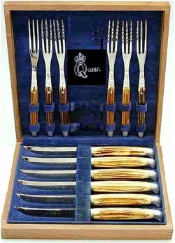 Queen Cutlery De Luxe Frontier Bone Knife & Fork 6-piece Flatware With Original Velveteen Lined Walnut Case For BOHO Living