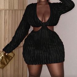Black Textured Cutout Mini Dress - Plunging Neckline