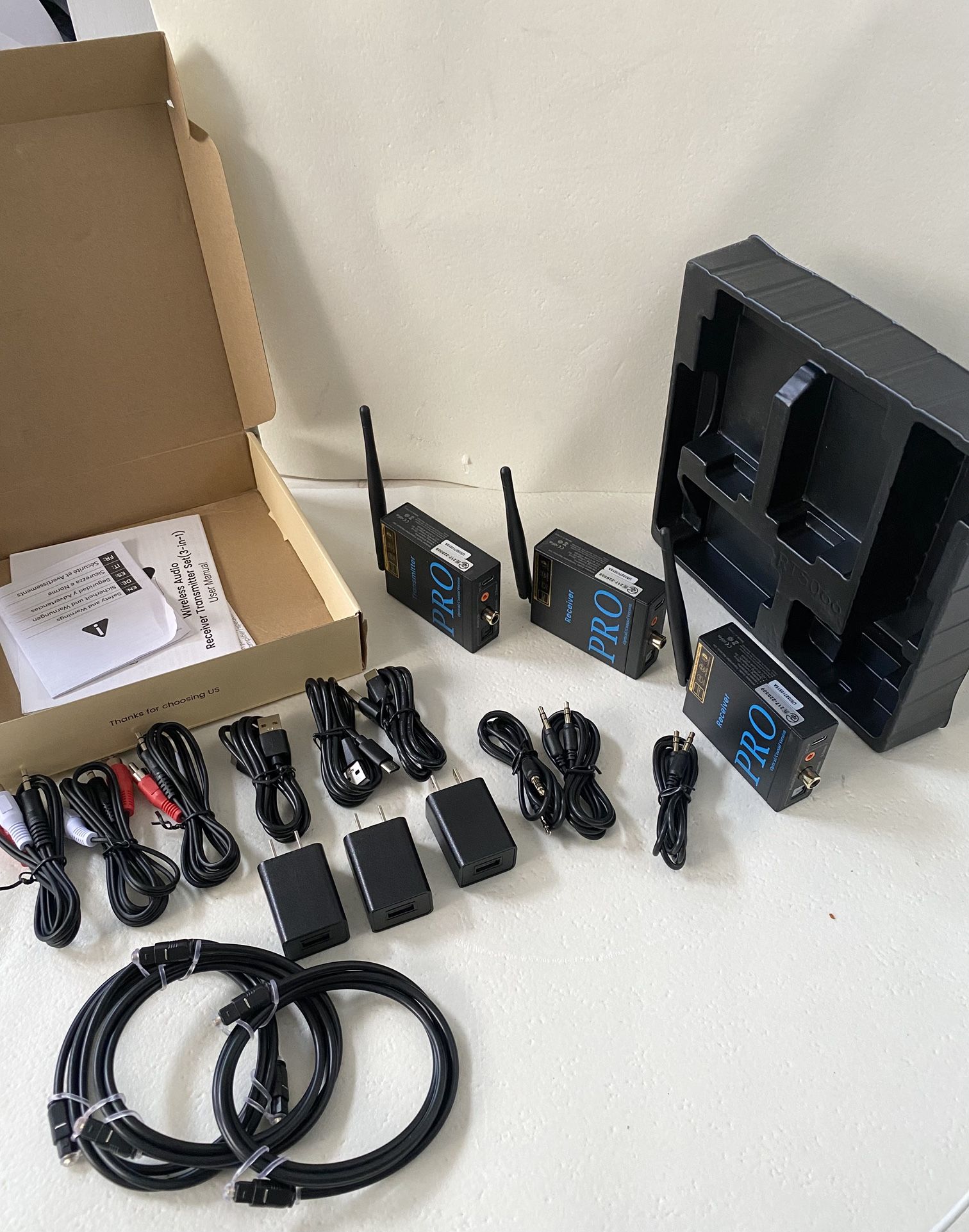 1Mii 3-in-1 2.4Ghz Wireless Audio Transmitter Receiver for 2 Subwoofer/Active Speaker/Power Amplifier, 20ms Low Latency, 320ft Range, Optical/Coaxial/