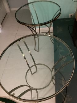 Two Round Gold Trim Table With Thick Glass Asking $185. Both