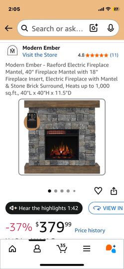 Modern Ember - Raeford Electric Fireplace Mantel, 40” Fireplace Mantel with 18” Fireplace Insert, Electric Fireplace with Mantel & Stone Brick Surroun