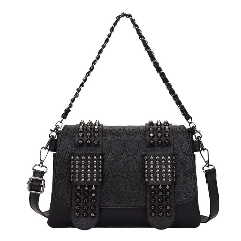 Danica Y2K Black Studded Skulls Womens Leather Shoulder Bag