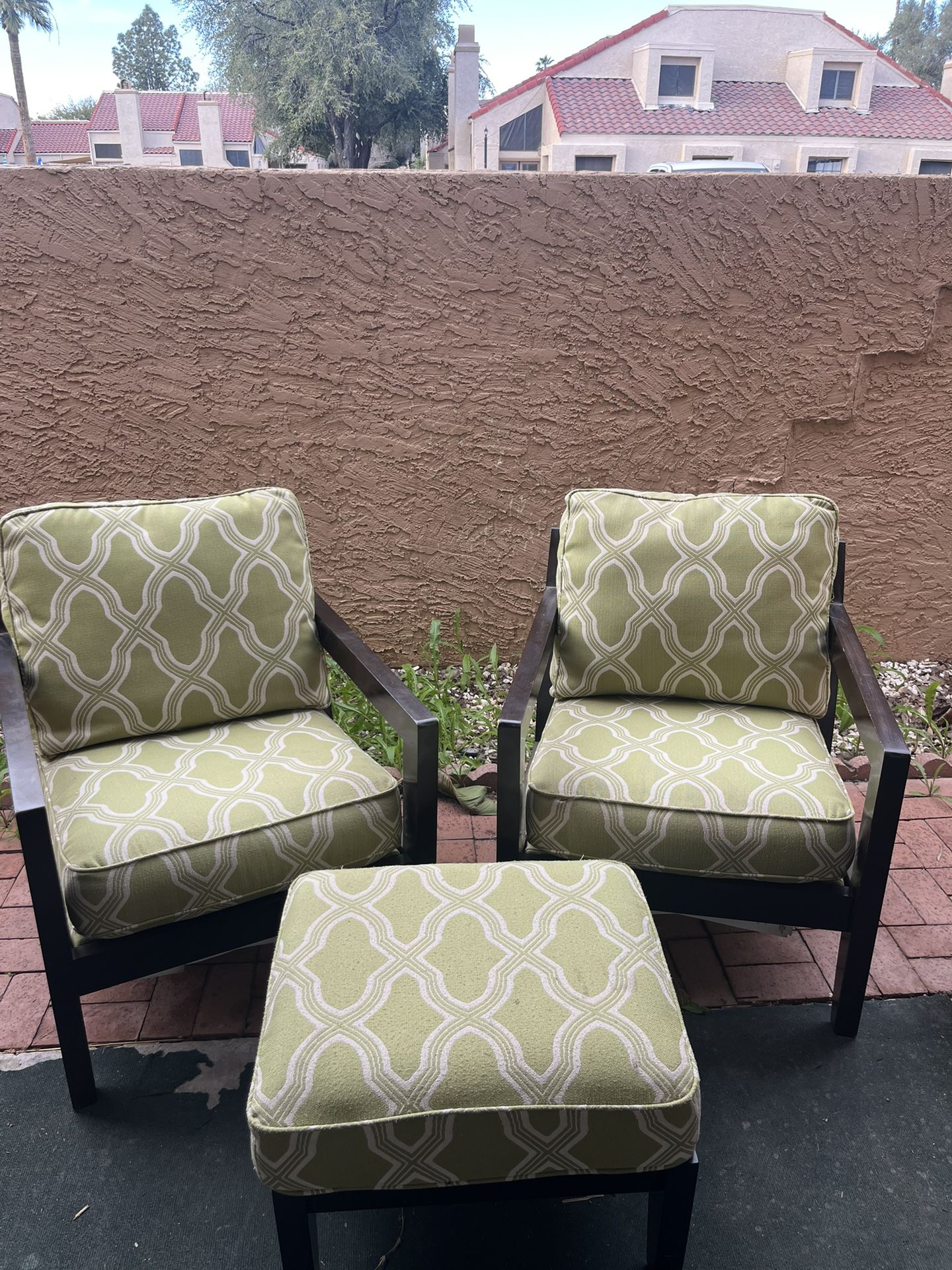 Light Green Patterned Patio Chairs + Ottoman 