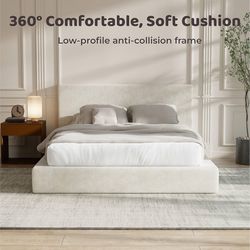 Full Size Cloud Upholstered Bed Frame with Headboard, 5 Inch Foam Padded Platform, No Box Spring, Easy Assembly(Cream)