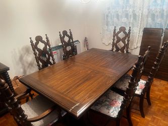 Vintage Spanish Revival / Mediterranean Oak Dining Room Set & China Hutch