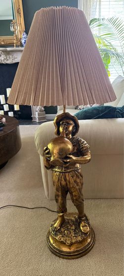 Vintage Hollywood Regency Gilded Large Scale Figural Boy with Jug Lamp