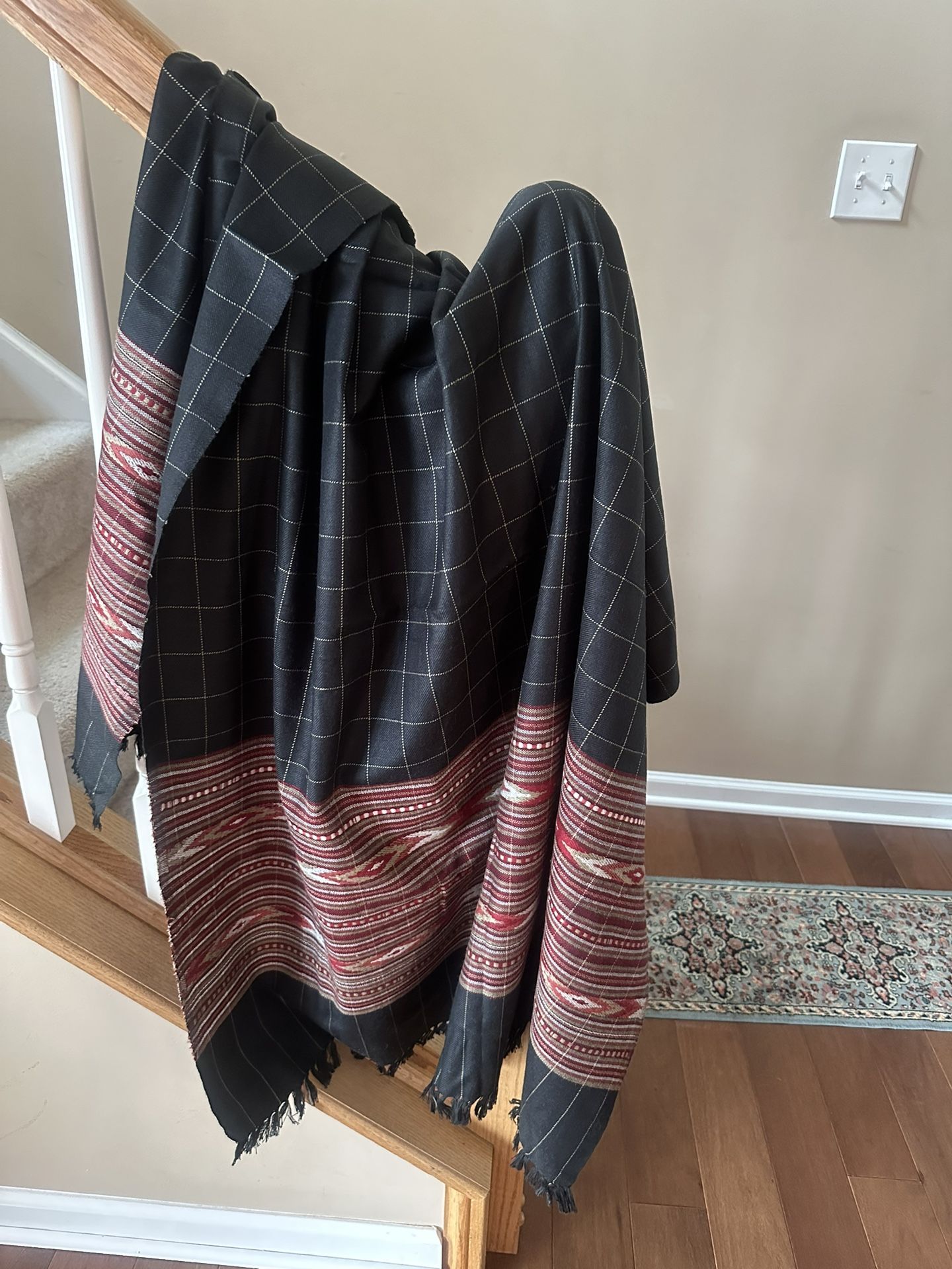 Indian Kullu Black & White Checks, red Woven Unisex Shawl, Wrap, 82 x 39” NWOT