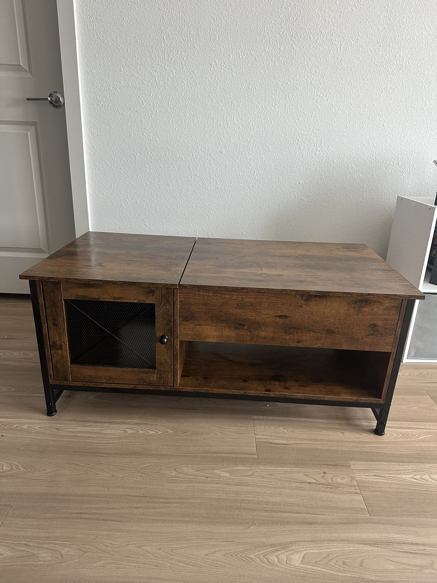 39" Wood Lift Top Coffee Table with Hidden Compartment, Cabinet, and Storage Shelf
