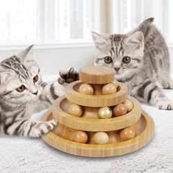 3 Level Wood Kitty Cat Ball Bell Track Tower Toy Roller New Condition 