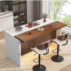63" Large Imitation Marble Bar Table,Island Table with LED Lights,Mordern Marble Stripes Freestanding Mini Bar with Grille design,Home Bar Unit for Ho