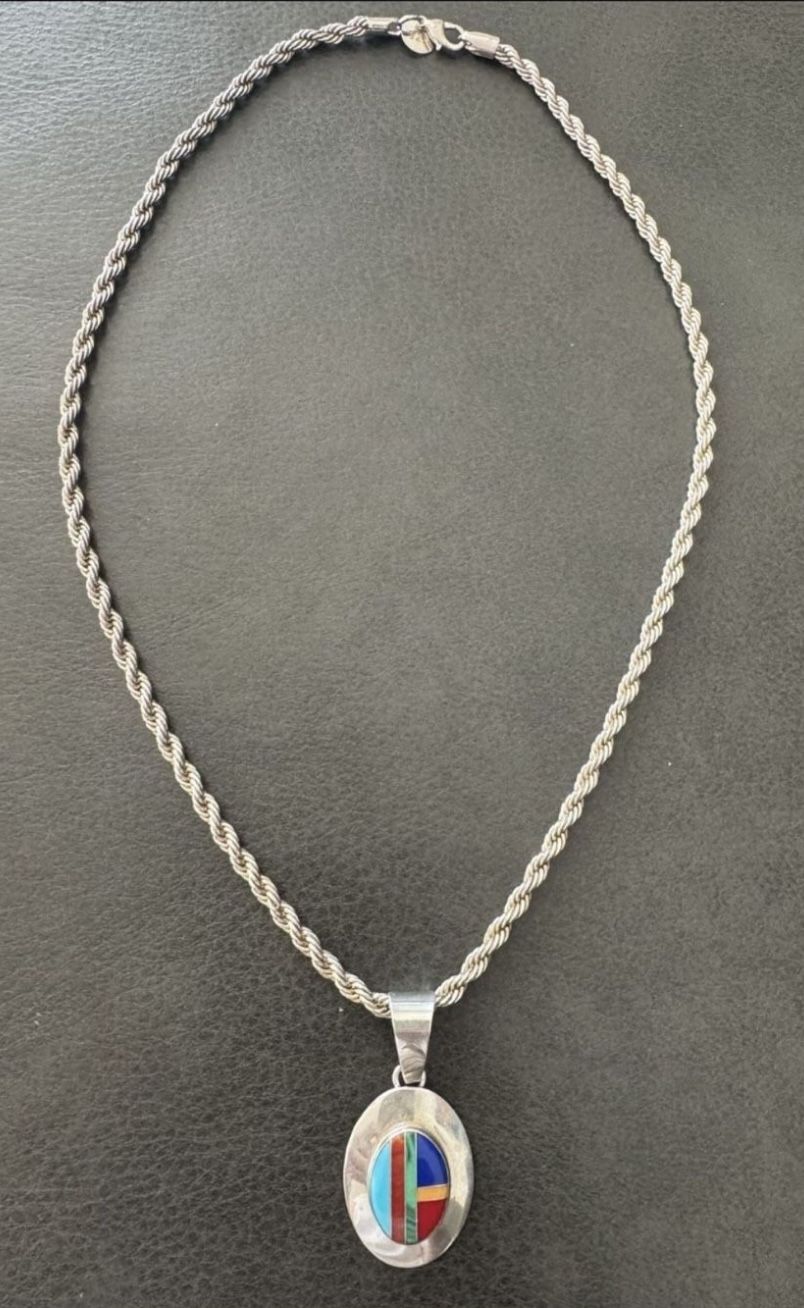 Edith James Sterling Color Blocked Pendant, Sterling Silver Inlay, Native American, Navajo Artisans, Southwestern 925 Jewelry Approx 1.75” 5.13 grams
