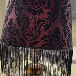 Victorian-Style Table Lamp – Brass Base & Red Burgundy and Black Velvet Damask Fringe Shade