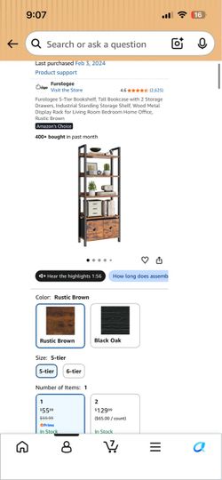Furologee 5-Tier Bookshelf with 2 Drawers