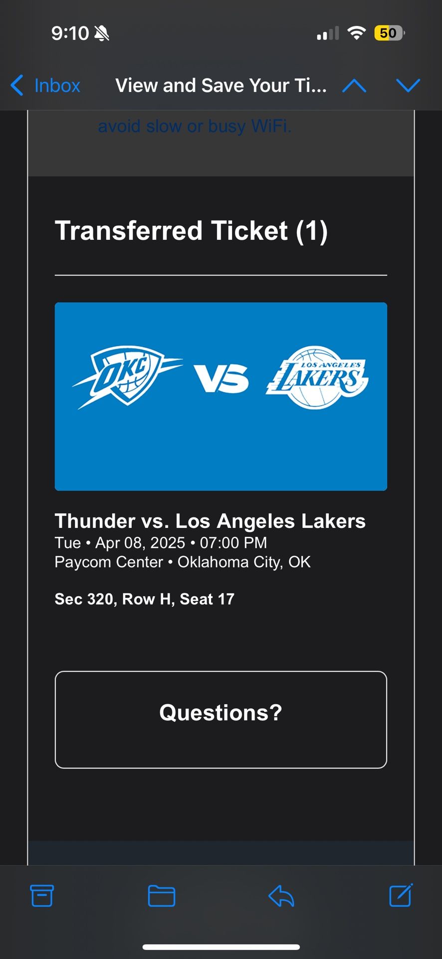 Thunder Vs. Lakers Ticket April 8th