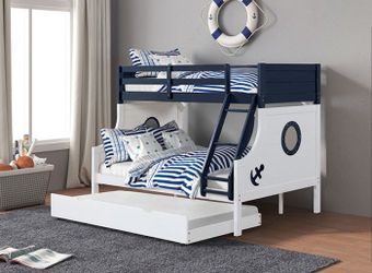 Navy Blue and White Finish Wood Twin/Full Nautical Themed Bunk Bed