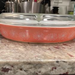 Vintage Pyrex pink Daisy Divided Oval  Casserole Double  