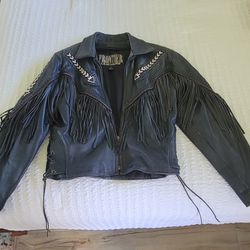 Vintage Black Leather Fringed & Beaded Jacket