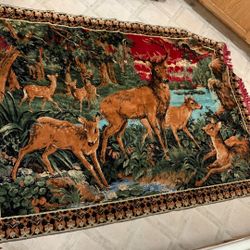 Massive 6’x4’ Vintage Deer Tapestry Rug Or Hanging