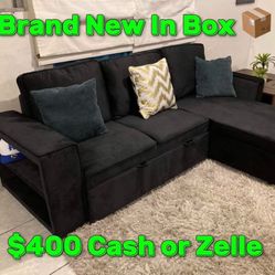 Usb port ✅  Pull out bed ✅  Reversible L✅  Shelves ✅  Side pocket ✅  Storage underneath ✅ Brand New Sectional Couch 🛋️ 