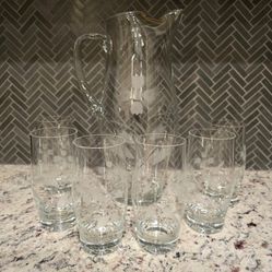 Vintage Etched Glass Water Pitcher And Juice Glasses
