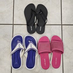 Size 7 Old Navy and Adidas Fit Foam Thong Flip Flops, Size 6 Camel Crown Slides