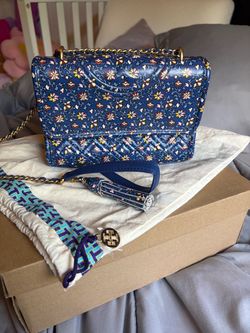 Tory Burch  navy floral quilted chain cross body