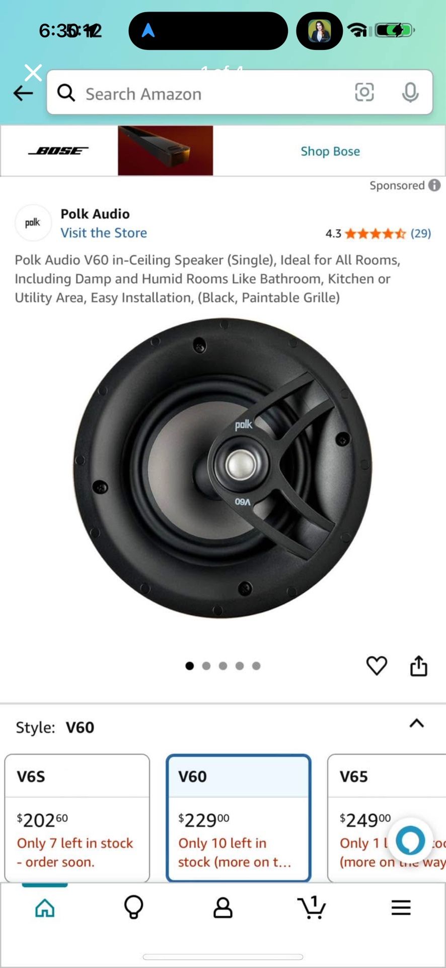 Polk Audio V60 in-Ceiling Speaker (Single), Ideal for All Rooms
