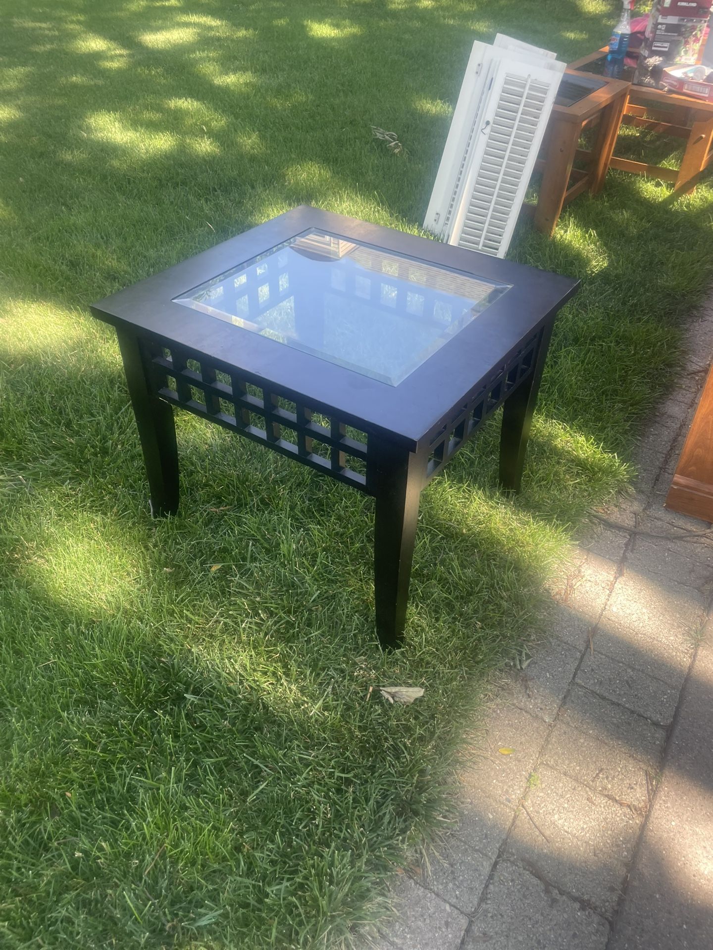 Black Wooden Side or End Table with Beveled Glass incert Top, 28 by 26, 23 high, $20